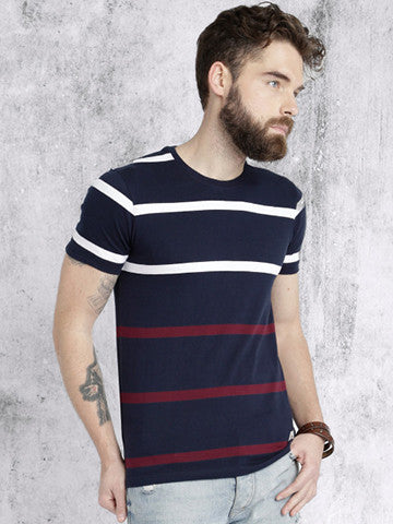 Roadster Men Navy Striped Round Neck T-shirt