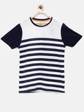 YK Boys White & Navy Striped Round Neck T-shirt