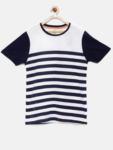 YK Boys White & Navy Striped Round Neck T-shirt