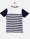 YK Boys White & Navy Striped Round Neck T-shirt