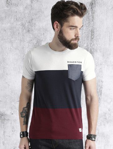 Roadster Men White & Navy Colourblocked T-shirt