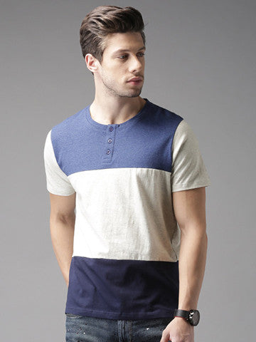 Moda Rapido Men Navy & Grey Melange Colourblocked Henley Neck T-shirt